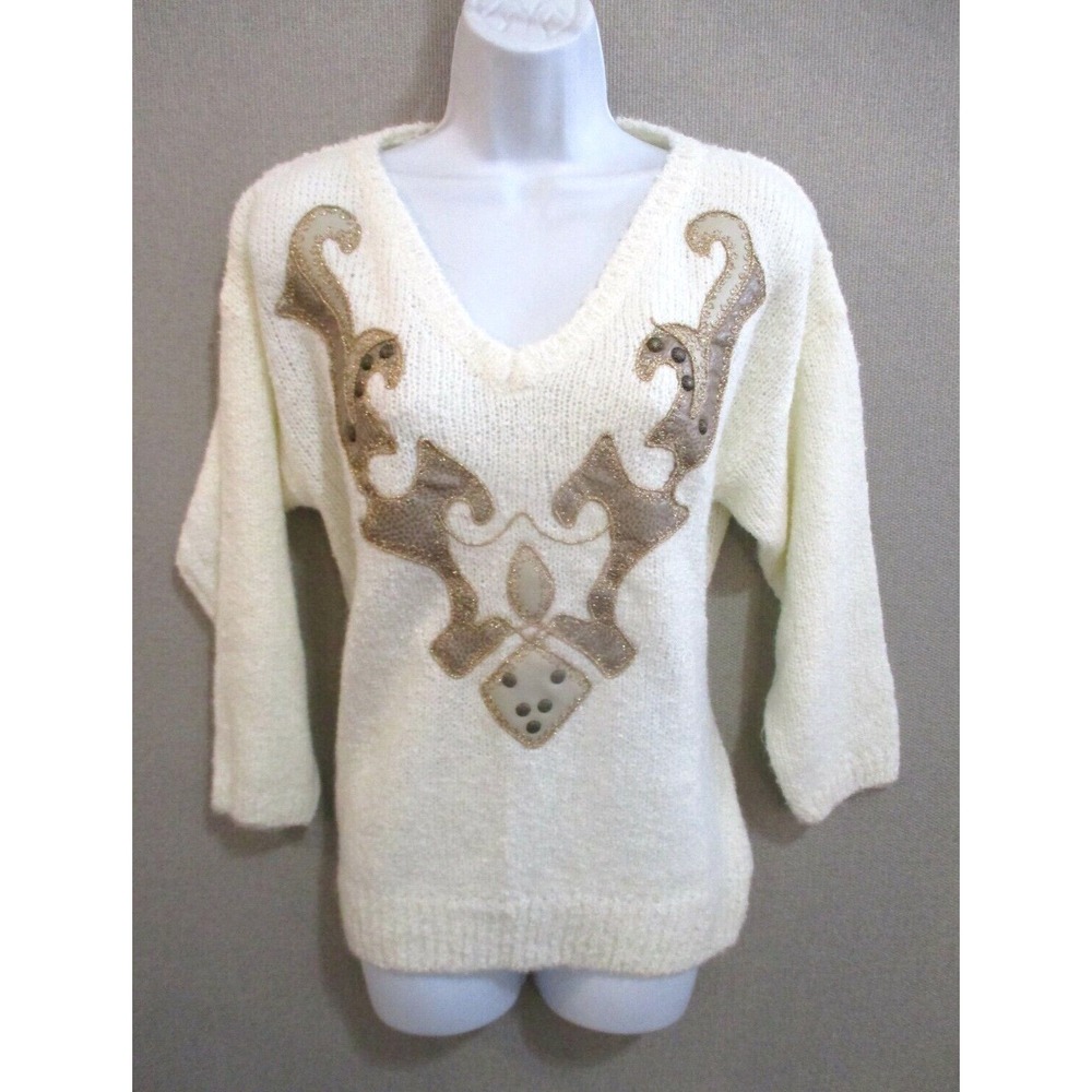 VTG 80's Beldoch Popper Sweater Size Small Bold Applique Metallic Statement